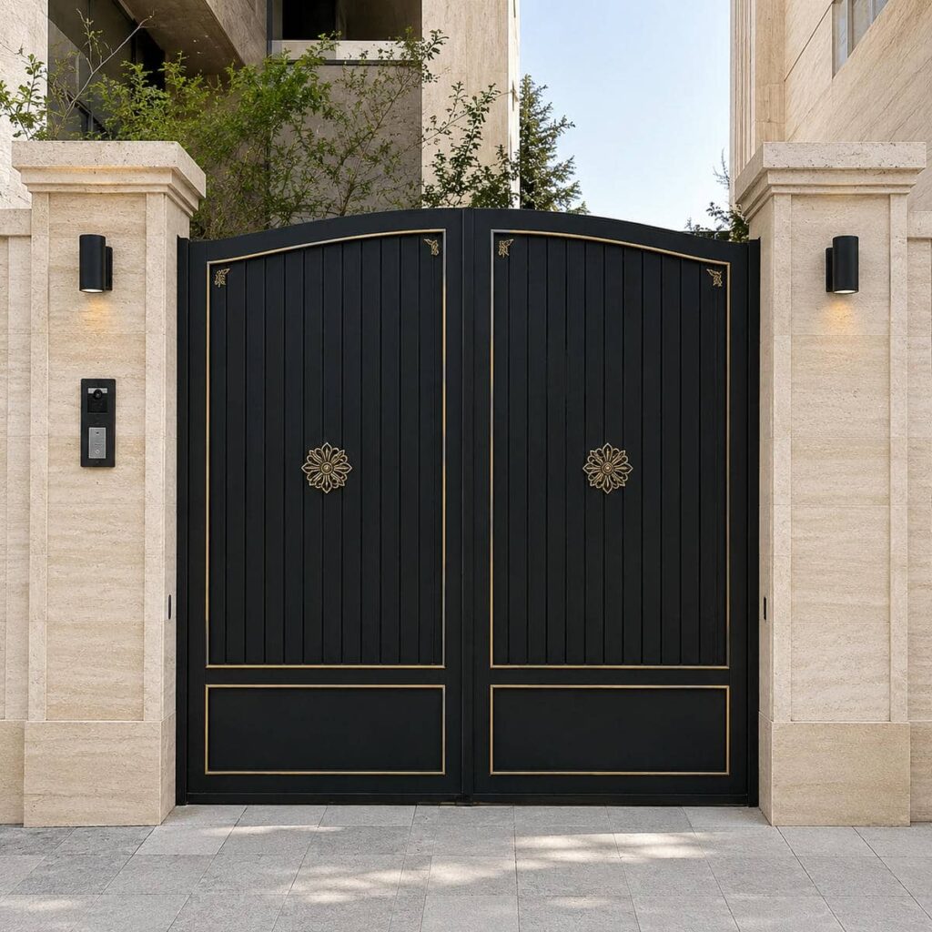 درب حیاط مشکی طلایی دو لنگه برای اجرای ورودی حیاط