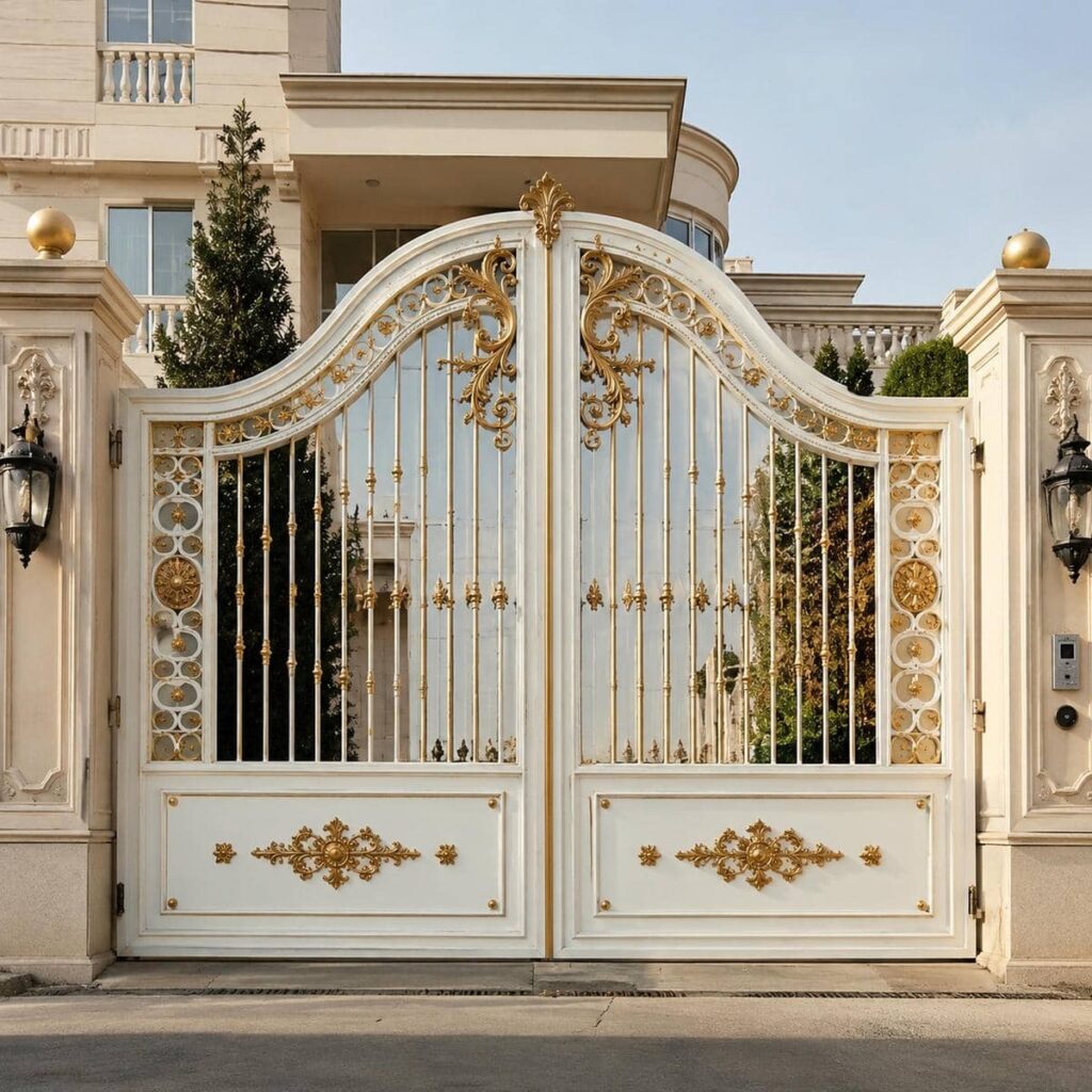 درب حیاط سفید طلایی دو لنگه برای اجرای ورودی حیاط