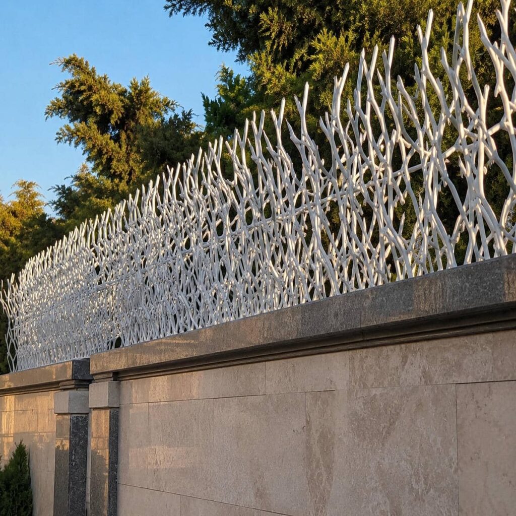 نرده روی دیوار هماهنگ با نمای فرفورژه نرده روی دیوار هماهنگ با نمای فرفورژه